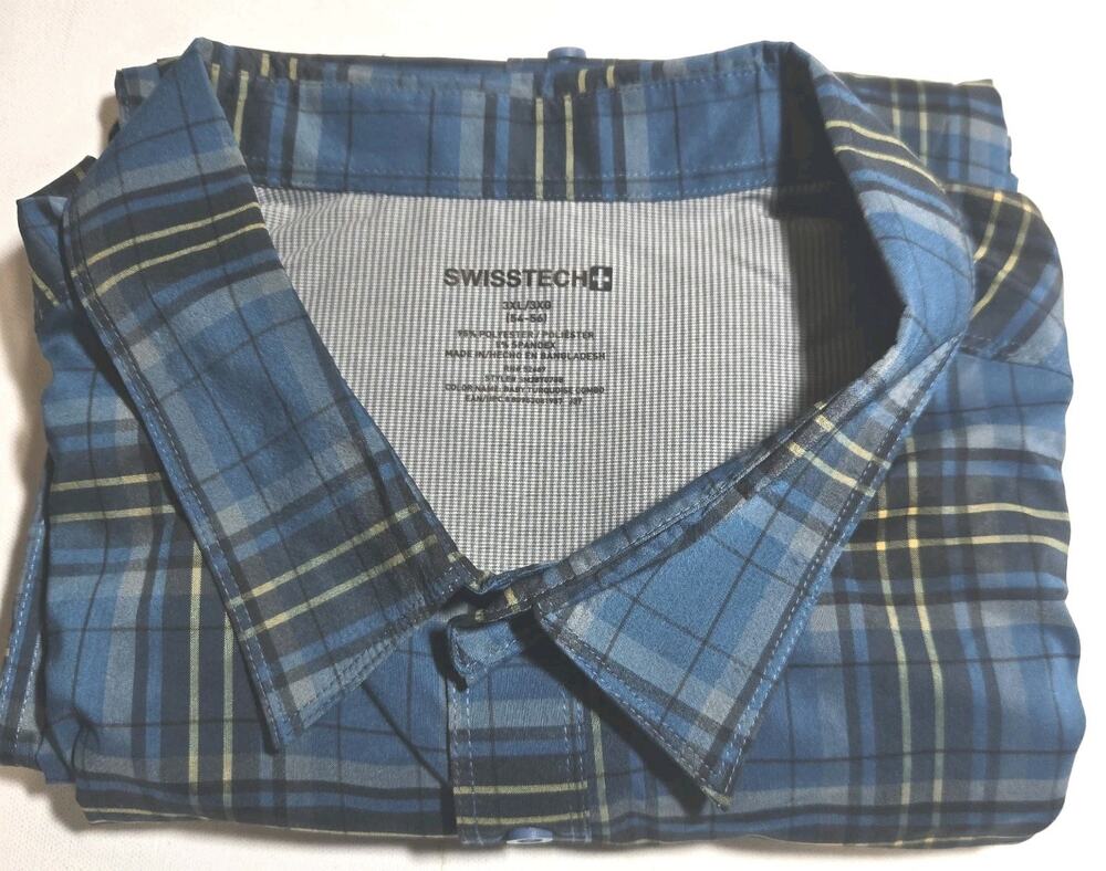 Swiss Tech Long Sleeve Button Up Plaid Blue Men’s 3XL 2 Pocket Hiking